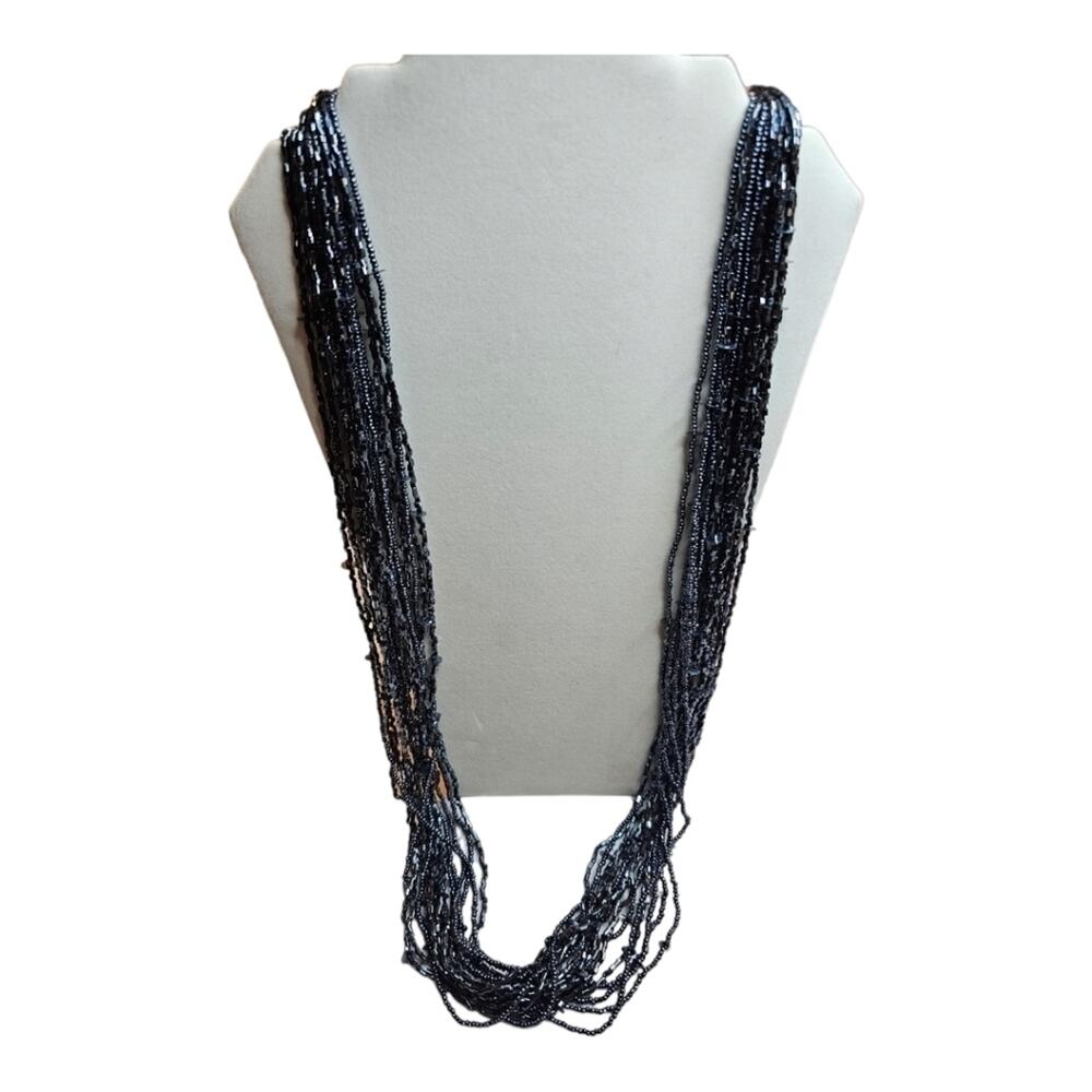 Long Multiple Stranded Steel Blue Seed Bead and Small Crystal Necklace 32 1/2"